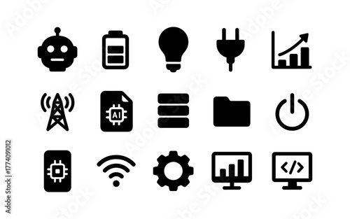 Minimalist technology icons set featuring electronics and data management symbols