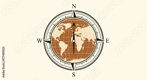 Vintage world map compass illustration inspires adventure and exploration, perfect for travel blogs or educational materials, evoking a sense of history
