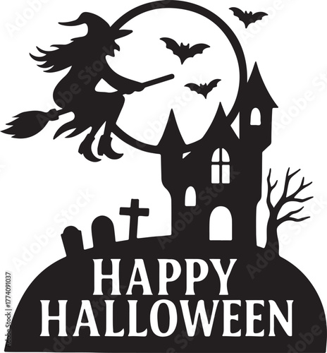 Halloween background with haunted house, Halloween night scene silhouette vector,  spooky castle, graveyard, Moonlit Mischief, Witching Hour. 