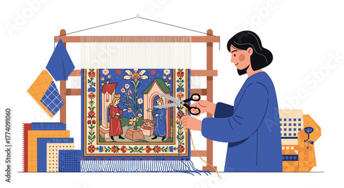 Creative woman weaving a stunning medieval tapestry, bringing art to life with vibrant colors and intricate designs, perfect for textile lovers