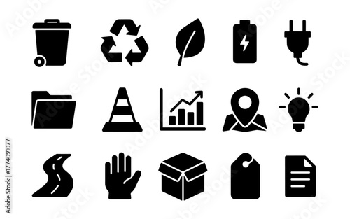 Eco and utility icons set featuring recycling, energy, navigation, and more