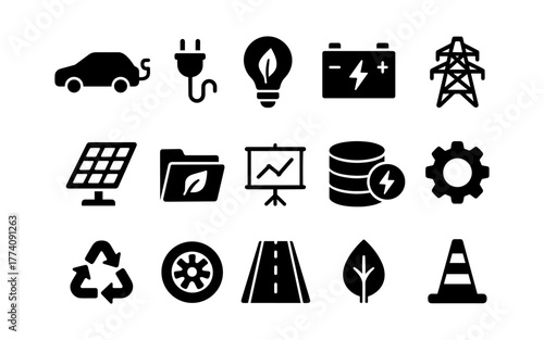 Sustainable energy icons: silhouettes of renewable resources and infrastructure