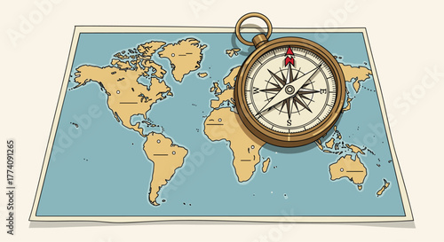 Vintage world map with classic compass pointing north evokes adventure and exploration, perfect for travel blog or educational designs