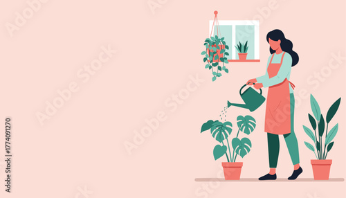 Woman waters plants in a modern apartment, bringing life and vibrancy to her home with stylish indoor gardening and a peaceful, relaxing hobby