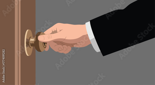 Business professional opens the door to opportunity, new beginnings, or a confidential meeting, creating a sense of anticipation and intrigue