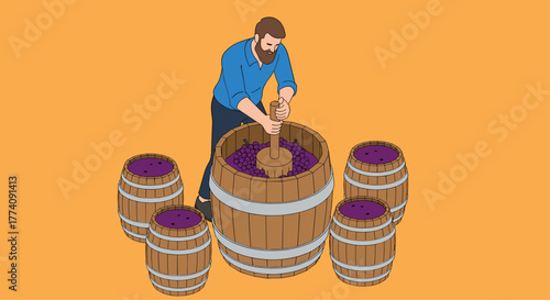 Crafting delicious wine the old fashioned way, pressing grapes with a wooden tool and oak barrels for a traditional vintage experience