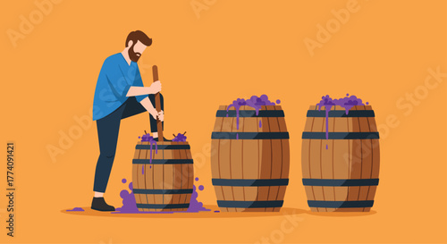 Man crushing grapes in barrel, crafting wine in traditional winemaking scene, perfect for winery, agriculture, or beverage industry marketing