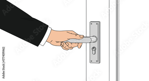 Business professional confidently opens door to opportunity and success, ready for new challenges and goals in sleek modern design