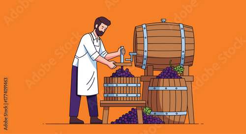 Crafting fine wine with care, a vintner presses grapes for a rich harvest in this vibrant, authentic illustration of tradition