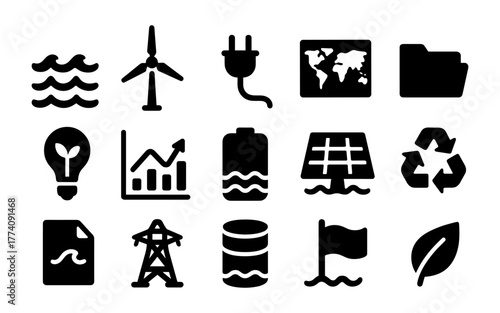 Set of renewable energy and eco icon collection in flat silhouette style