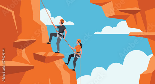 Dynamic rock climbing adventure with friends against a brilliant blue sky and fluffy clouds for travel and outdoor recreation campaigns