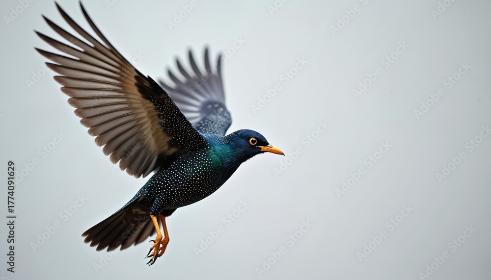 Obraz premium European starling bird in flight against grey background. Colorful avian creature spreads wings. Wildlife photo of common starling bird. Isolated feathered animal flying through the sky.