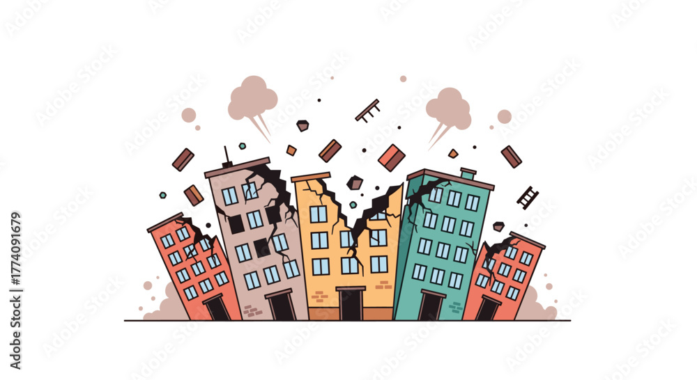 Naklejka premium Illustrative cartoon buildings damaged by earthquake disaster with cracks and falling debris for emergency preparedness messaging and design