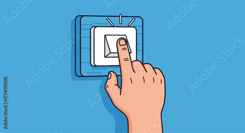 Turn on the power with a simple flick - Hand switching light switch on blue wall for energy saving and eco friendly campaign visuals