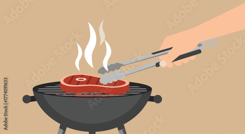 Juicy steak grilling on charcoal barbecue ready for summer feast, BBQ party illustration with tongs and smoke for delicious meal