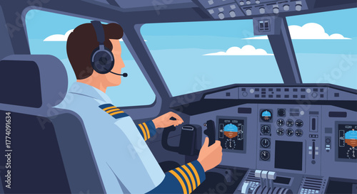 Professional pilot navigates the plane with precision against a beautiful cloudy sky, ensuring a safe and comfortable journey for passengers