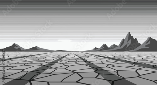 Serene desert landscape with distant mountains and cracked earth, perfect for conveying stillness, isolation, or a journey into the unknown