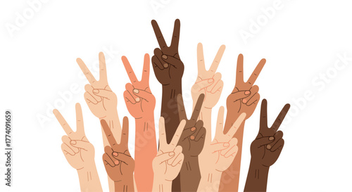 Diverse hands raised in unity, symbolizing peace, strength, and positive change for a collaborative world, perfect for social justice themes
