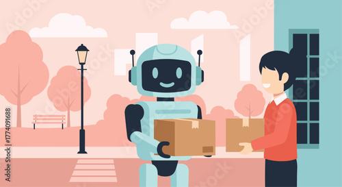 Modern robot delivering packages to smiling customer in city park, showing efficient automation and friendly service for e-commerce solutions