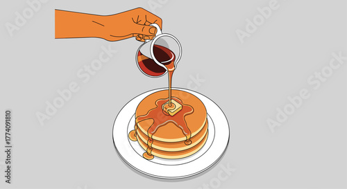 Pouring warm maple syrup and melting butter onto a delicious stack of golden pancakes for a perfect breakfast treat