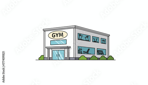 Modern fitness center exterior showcases vibrant gym equipment and welcoming entrance, inviting healthy lifestyles and active pursuits