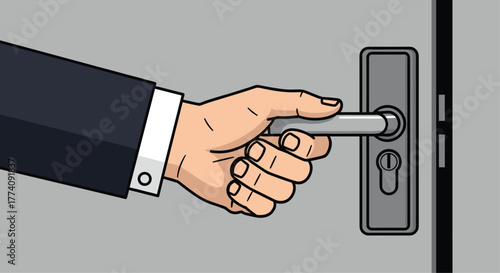 Professional hand in suit jacket opens modern door handle, symbolizing opportunity and new beginnings