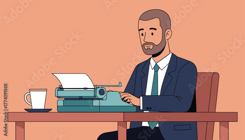 Professional businessman intently types on vintage typewriter creating classic content with coffee nearby in a modern office setting