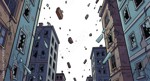 Deteriorated urban buildings with shattered windows and debris falling, conveying disaster and urban decay