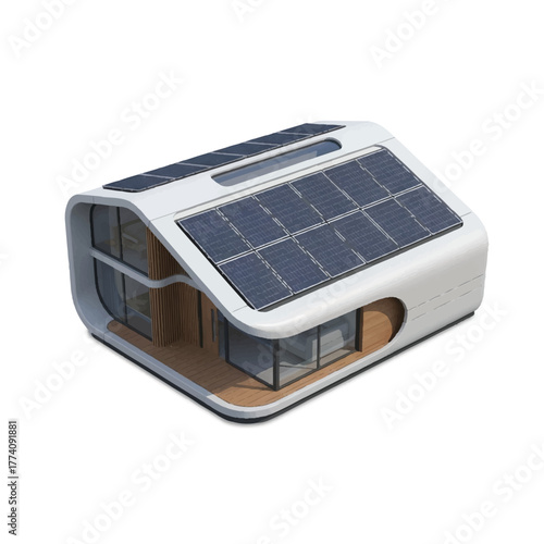 A minimalist high-tech residence with smooth lines and rooftop solar panels for energy efficiency