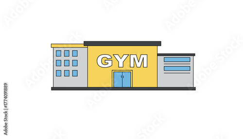 Modern fitness center building exterior with prominent "GYM" signage and clean architectural lines