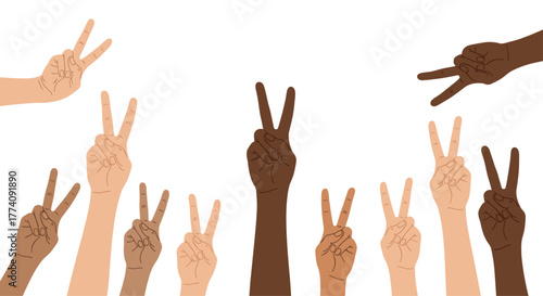 Diverse hands united, raising peace signs symbolizing hope, unity, and a brighter future for all generations