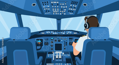 Professional pilot skillfully controls modern aircraft cockpit with advanced instruments and clear blue sky view ahead