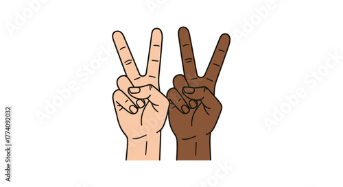 Hands of different skin tones making peace sign together, symbolizing unity, diversity, and harmony in a modern world
