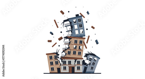 Collapsing buildings symbolize disaster and destruction with debris flying in a chaotic scene