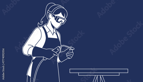 Skilled artisan woman carefully operating a welding torch with protective gear in a workshop setting, showcasing manufacturing and craftsmanship