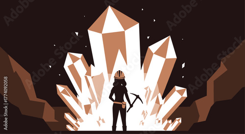 Determined miner discovers luminous crystal cavern, holding pickaxe ready for discovery and extraction