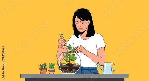 Young woman carefully planting a small green sprout in a glass terrarium creating a miniature garden oasis at home