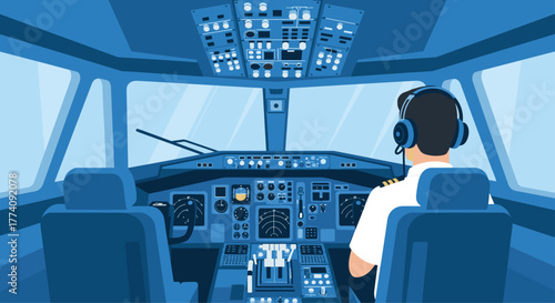 Pilot expertly navigating complex aircraft cockpit controls during flight, ready for takeoff