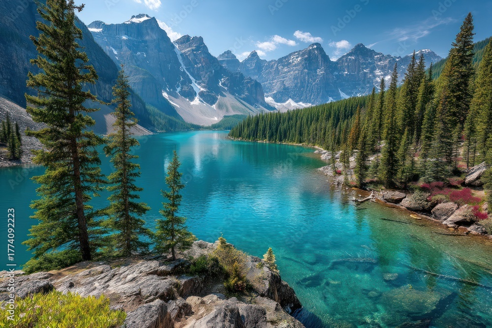 Naklejka premium Bright turquoise lake surrounded by evergreen forest and snowy mountains.