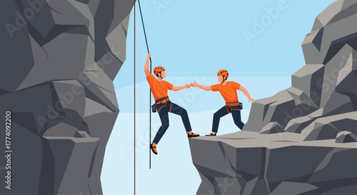 Dynamic duo helping each other conquer rocky mountain climb, symbolizing teamwork and shared achievement in adventure
