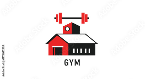 Dynamic gym logo design featuring a modern building with barbell, symbolizing strength and fitness achievement