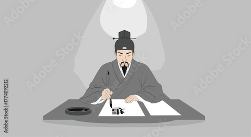 Ancient scholar meticulously practicing traditional calligraphy art with brush and ink on paper, evoking historical culture and discipline