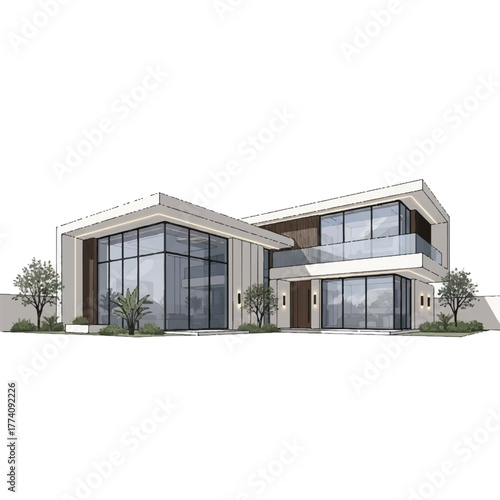 A stylish contemporary house with transparent windows, neat shapes, greenery accents, and subtle lights