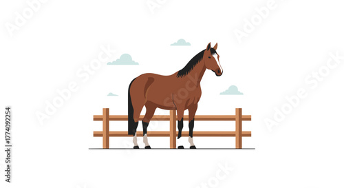 Majestic brown horse stands calmly behind a wooden fence on a bright day with fluffy clouds