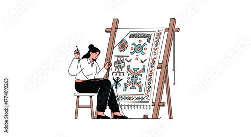 Skilled artisan diligently weaves intricate patterns on a traditional rug frame, showcasing heritage craft and creative passion