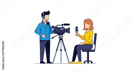 Dynamic journalist interviews subject with professional camera and microphone setup for broadcast news or content creation