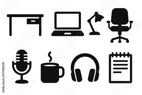 Collection Of Office Icons Showing Desk Laptop Lamp Chair Microphone Coffee Cup Headphones And Notebook In Black Outline On White Background
