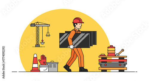 Dedicated construction worker carrying heavy materials with crane and tools on site, symbolizing progress and industry