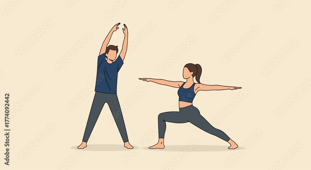Fototapeta premium Vibrant couple practicing yoga together in a serene, minimalist setting embracing wellness and mindful movement