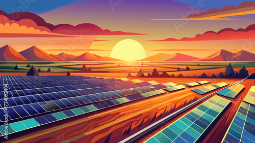 Very beautiful sunset over a solar farm in the American Midwest, featuring rows of solar panels reflecting warm evening light across the flat farmland landscape.